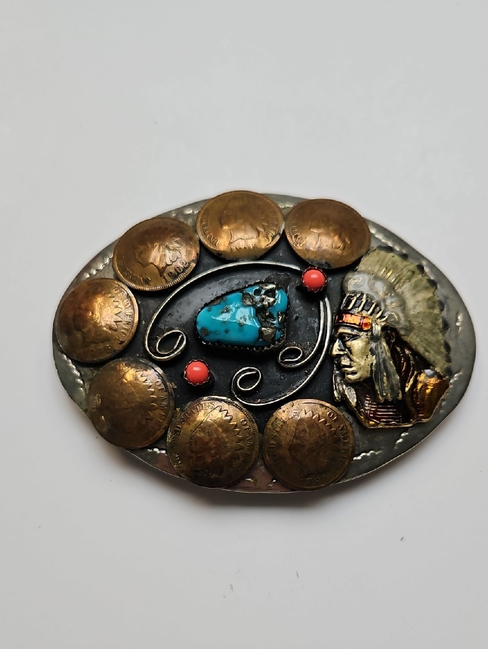 SQUAW WRAPPED INDIAN HEAD PENNY & TURQUOISE BELT, BUCKLE.